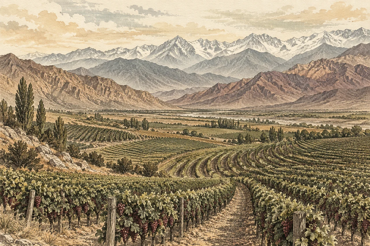 Interpretación artística del Valle de Uco: hileras de viñedos, un valle amplio y la cordillera de los Andes, en tonos arena y verde.